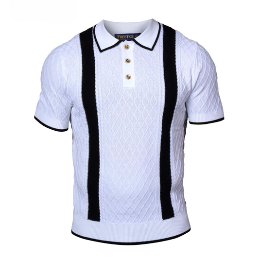 Prestige Luxury White Black Stripe Knit Polo Shirt CMK-6038