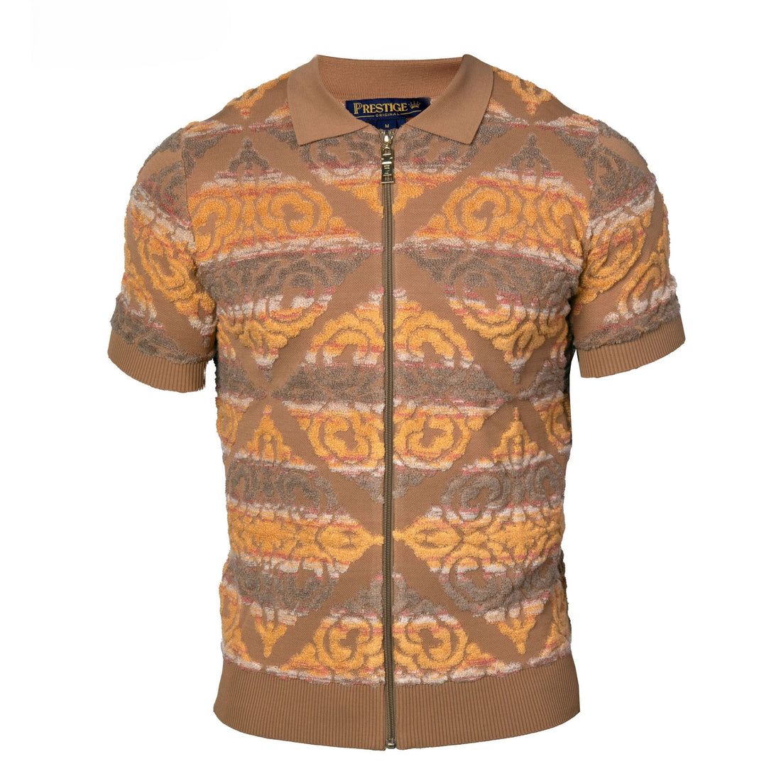 Prestige Khaki Brown Orange Terry Towel Fabric Short Sleeve Shirt CMK-6008