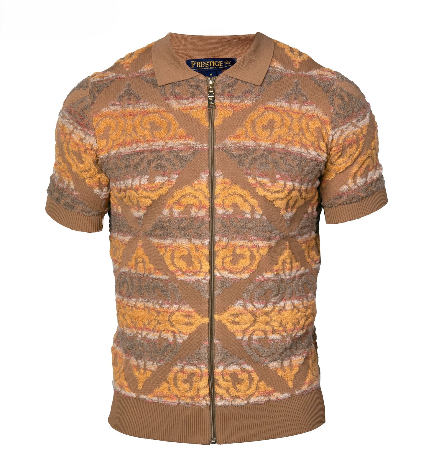 Prestige Khaki Brown Orange Terry Towel Fabric Short Sleeve Shirt CMK-6008