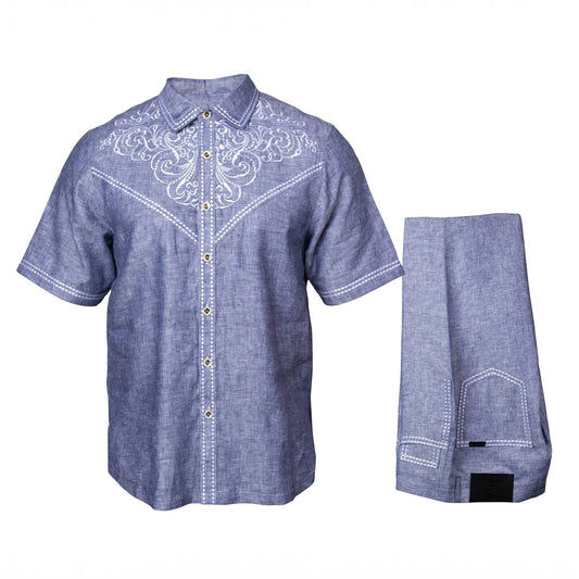 Prestige Luxury Indigo White Embroidered Linen Casual Suit - LUX-635