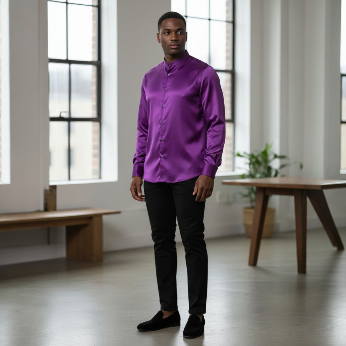 Purple Banded Collar Solid Color Satin Shirt