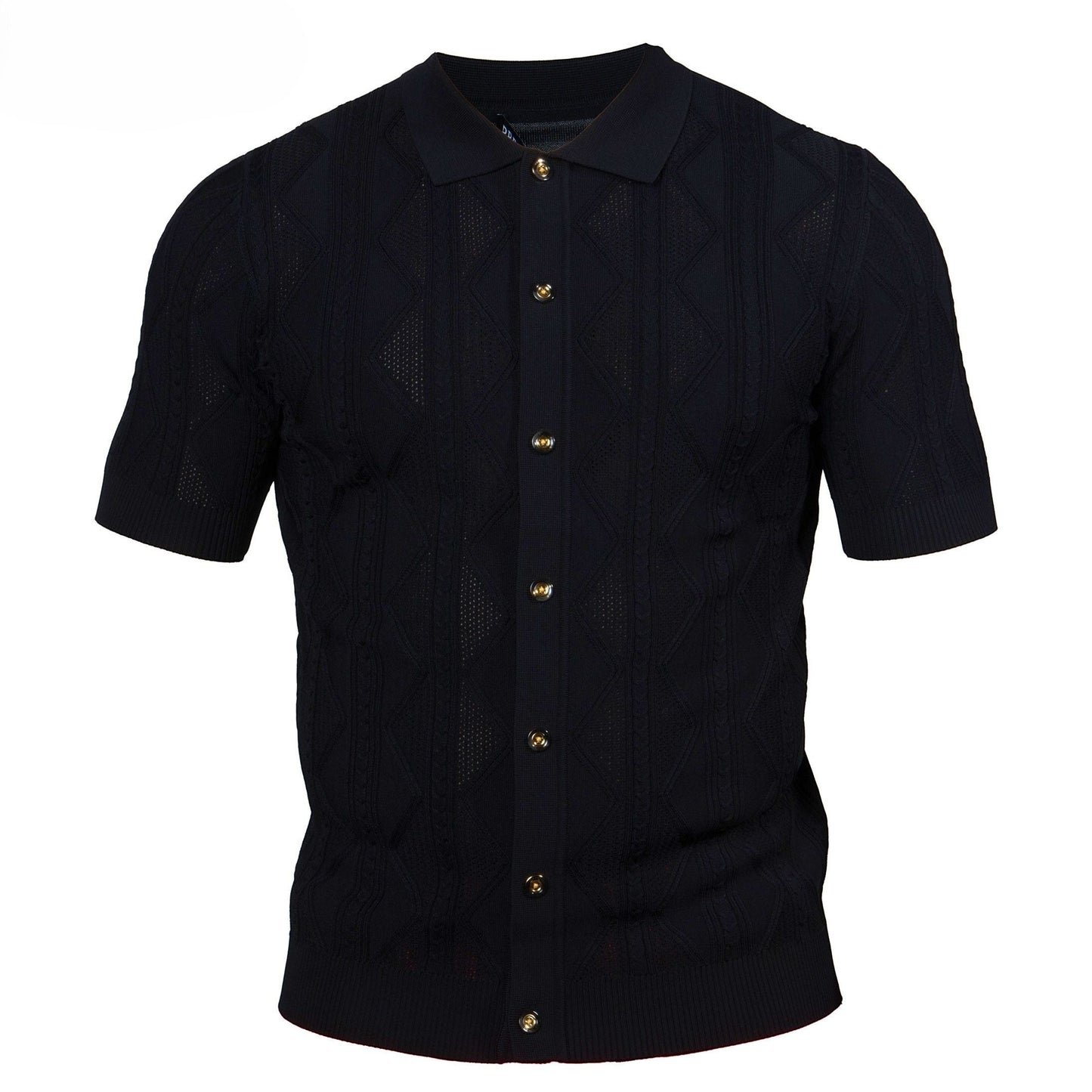 Prestige Black Knit Button Down Short Sleeve Shirt CMK-302