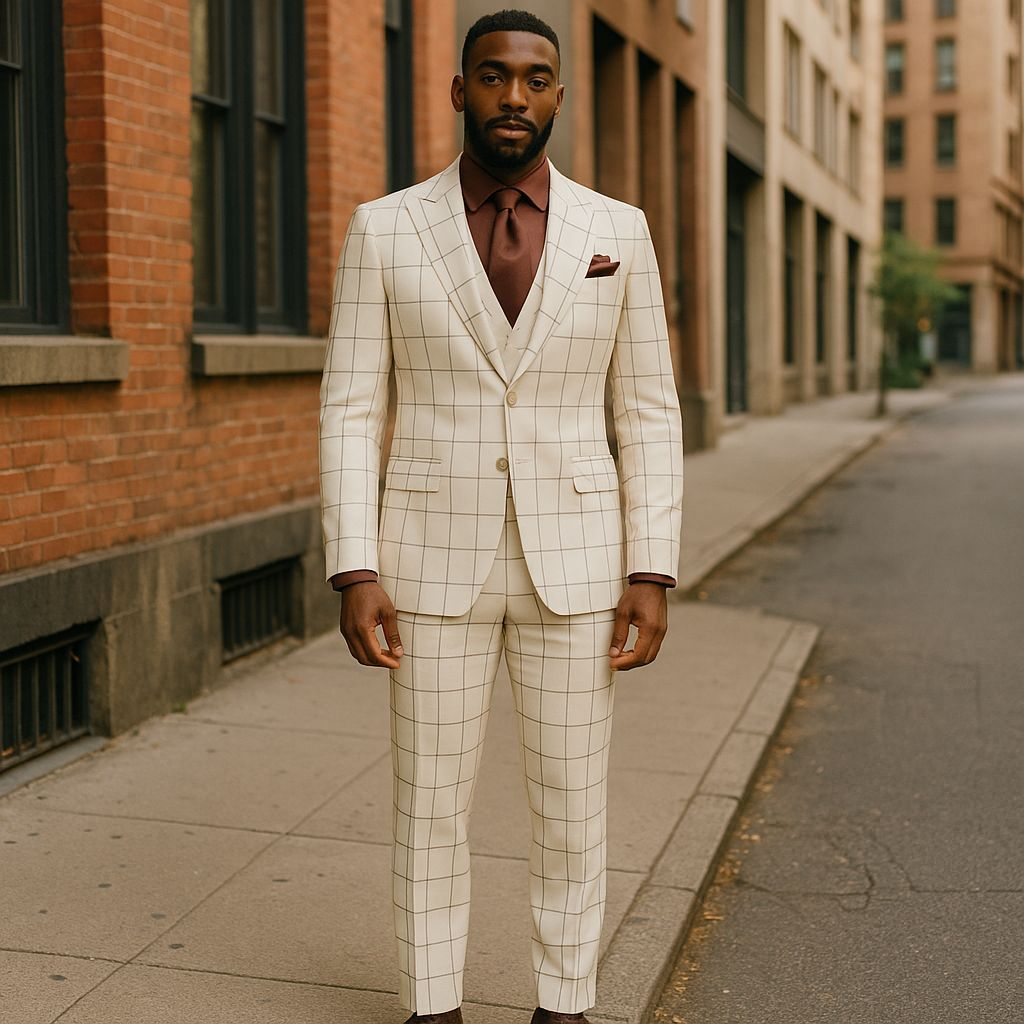 Tiglio Ivory Brown Windowpane One Button Wide Peak Lapel Double Breasted Vest Suit - TL4113