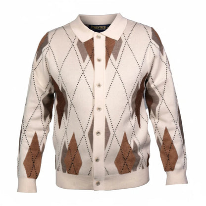 suit-yourself-menswear Prestige Original argyle sweater in cream and brown with a button-up front and polo collar