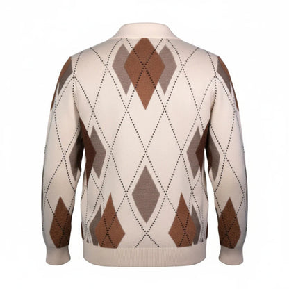 Back view of a cream and brown argyle sweater by suit-yourself-menswear with a classic polo collar and ribbed hem.