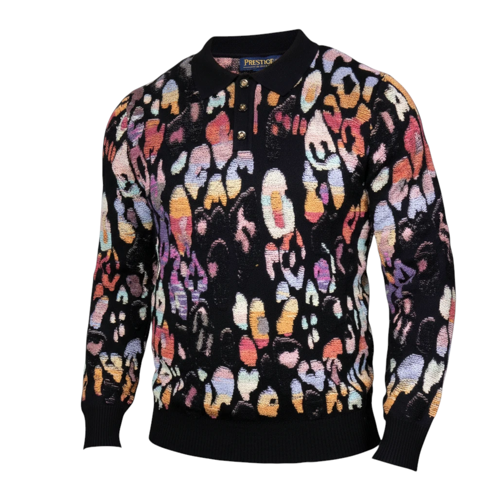 suit-yourself-menswear black long-sleeve polo sweater with a vibrant multi-color abstract pattern and button placket