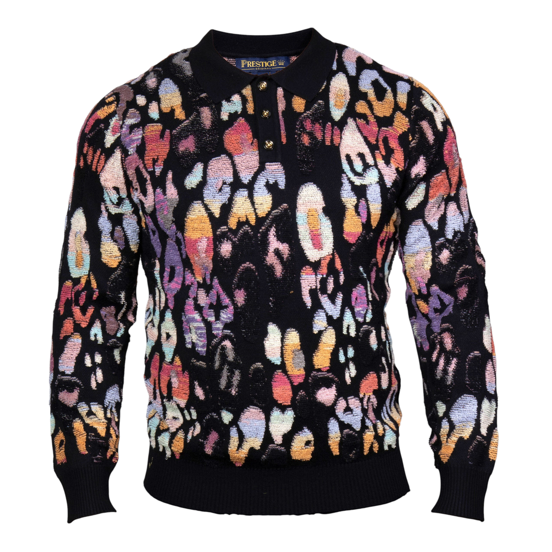 suit-yourself-menswear Prestige Original black sweater with a vibrant multi-color abstract pattern and polo collar