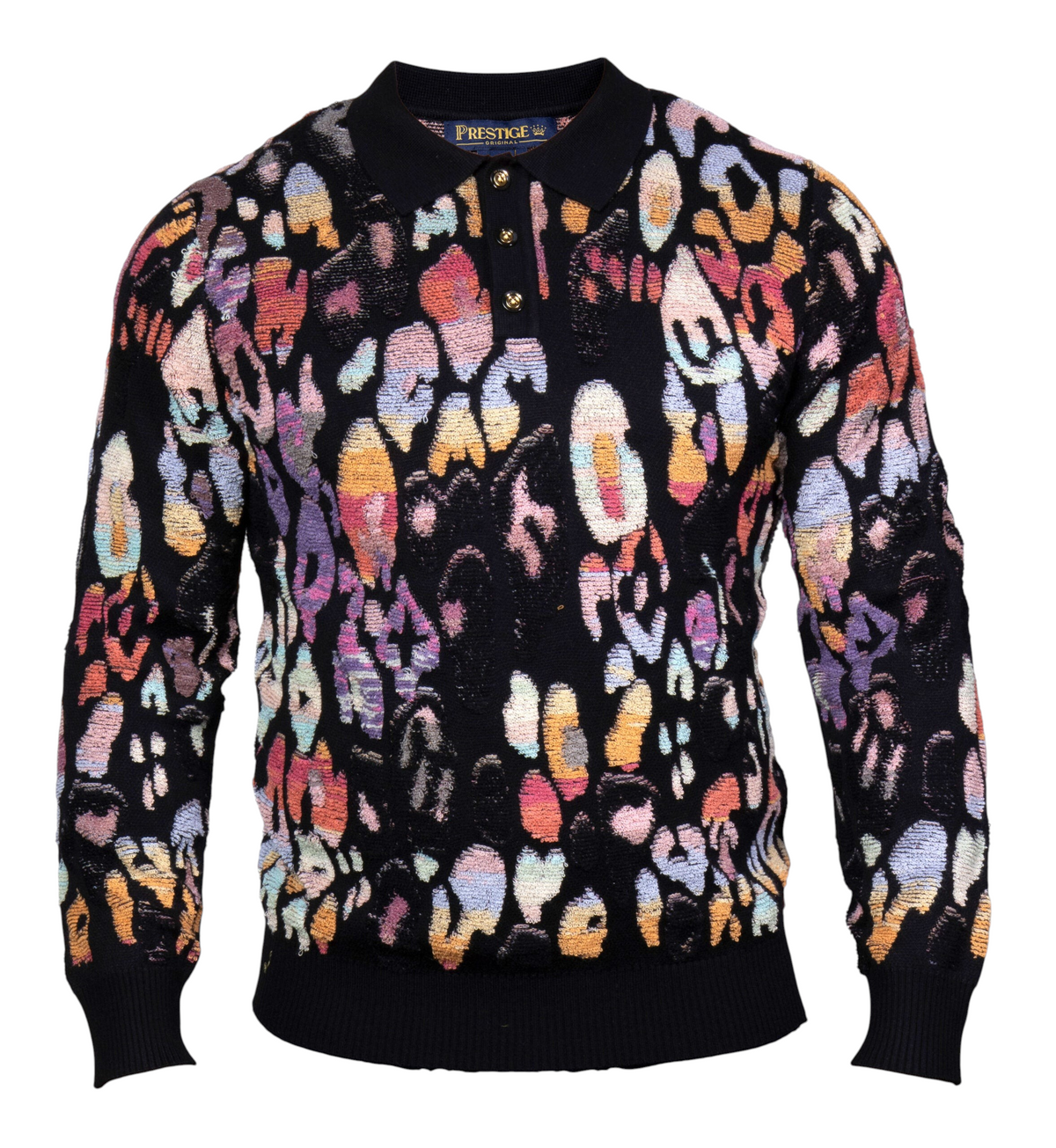 suit-yourself-menswear Prestige Original black sweater with a vibrant multi-color abstract pattern and polo collar