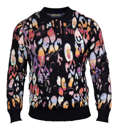 suit-yourself-menswear Prestige Original black sweater with a vibrant multi-color abstract pattern and polo collar