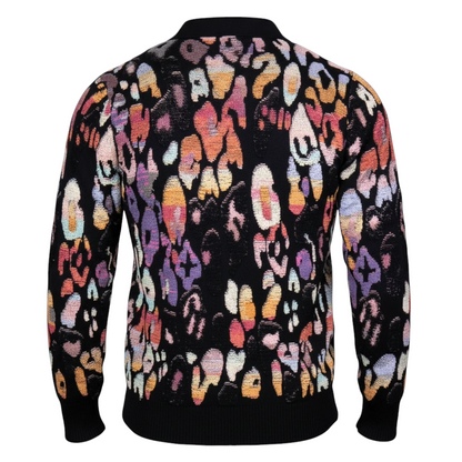 suit-yourself-menswear black sweater with a vibrant multi-color abstract pattern, back view of long-sleeve knitwear.