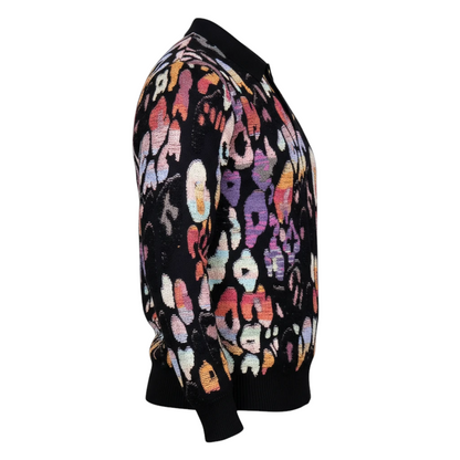 suit-yourself-menswear black sweater with a vibrant multi-color abstract pattern, side view