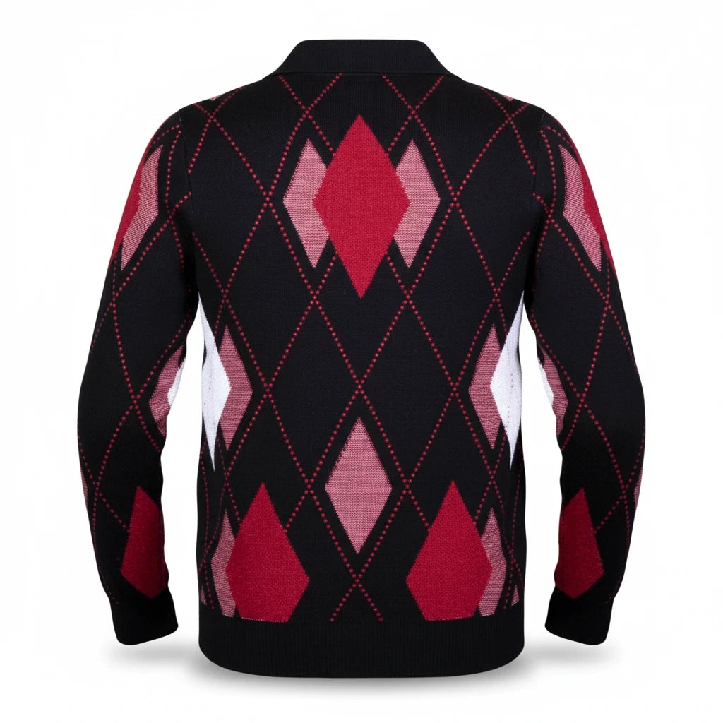 suit-yourself-menswear black argyle cardigan sweater with red and white diamond patterns, back view