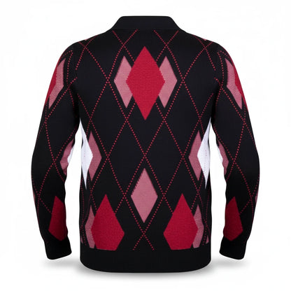 suit-yourself-menswear black argyle cardigan sweater with red and white diamond patterns, back view