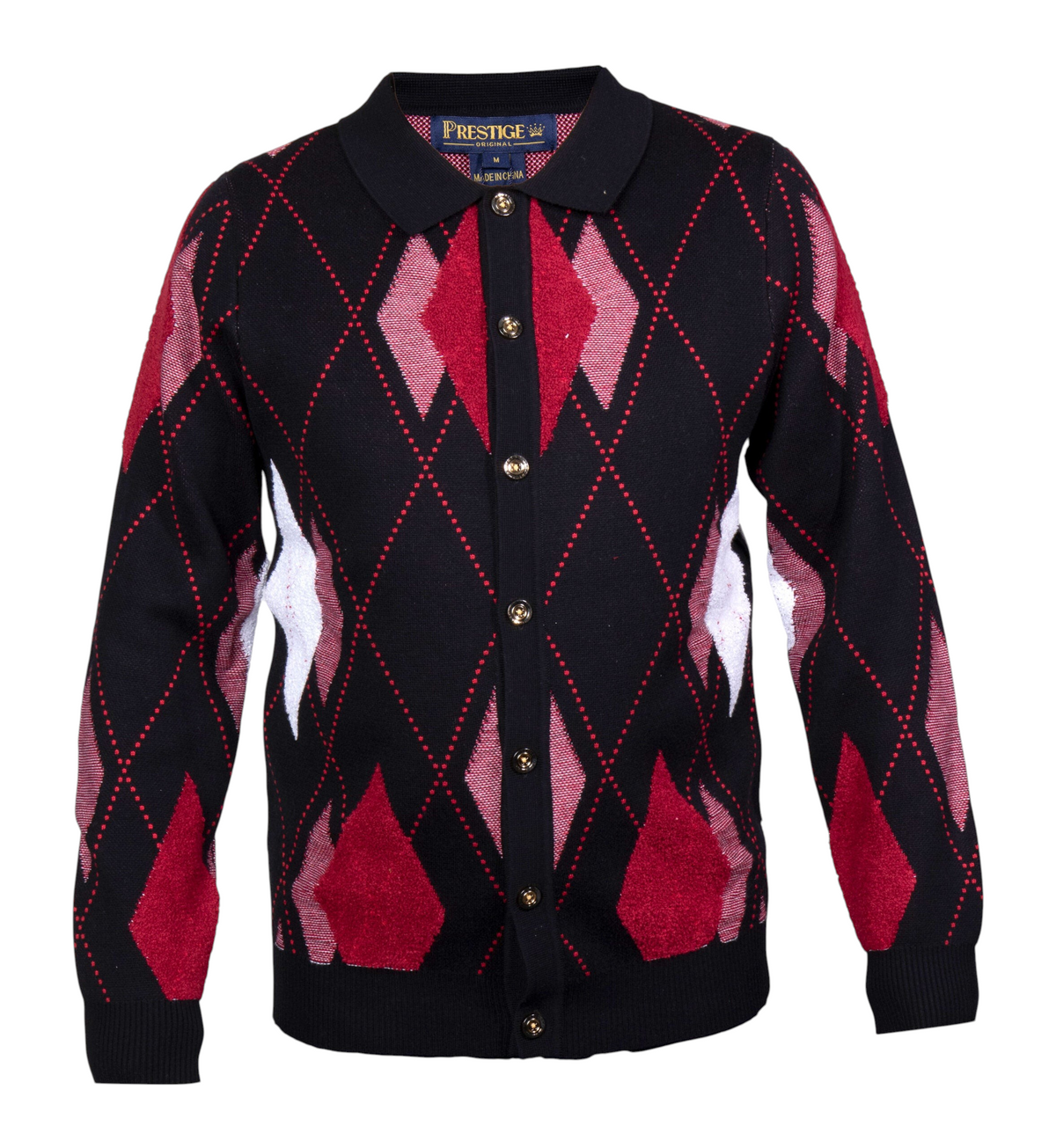 suit-yourself-menswear Prestige Original black cardigan with red and white argyle diamond pattern and button front