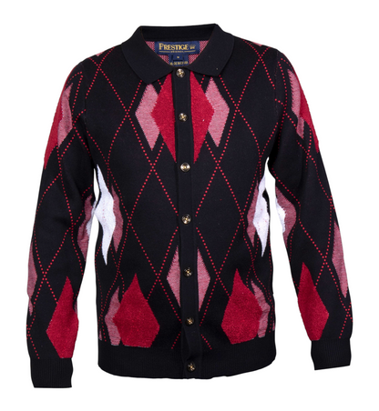suit-yourself-menswear Prestige Original black cardigan with red and white argyle diamond pattern and button front