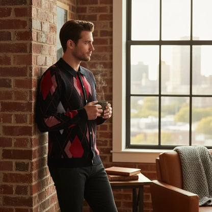 suit-yourself-menswear Prestige Original black argyle button-up cardigan sweater worn by a man in a loft setting