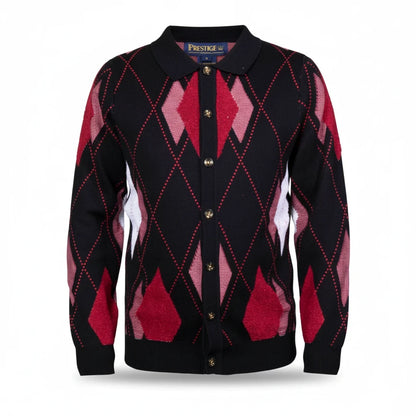suit-yourself-menswear Prestige Original black cardigan with red and white argyle diamond pattern and button front