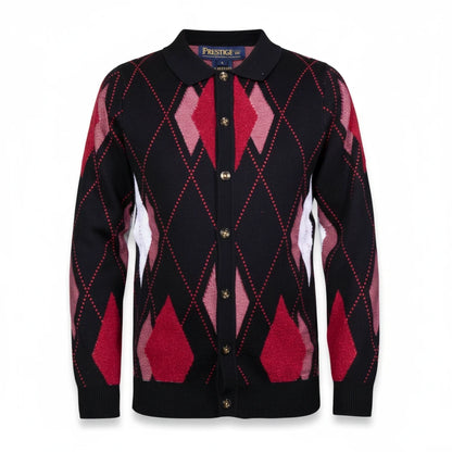 suit-yourself-menswear Prestige Original black cardigan sweater with a red and pink argyle diamond pattern