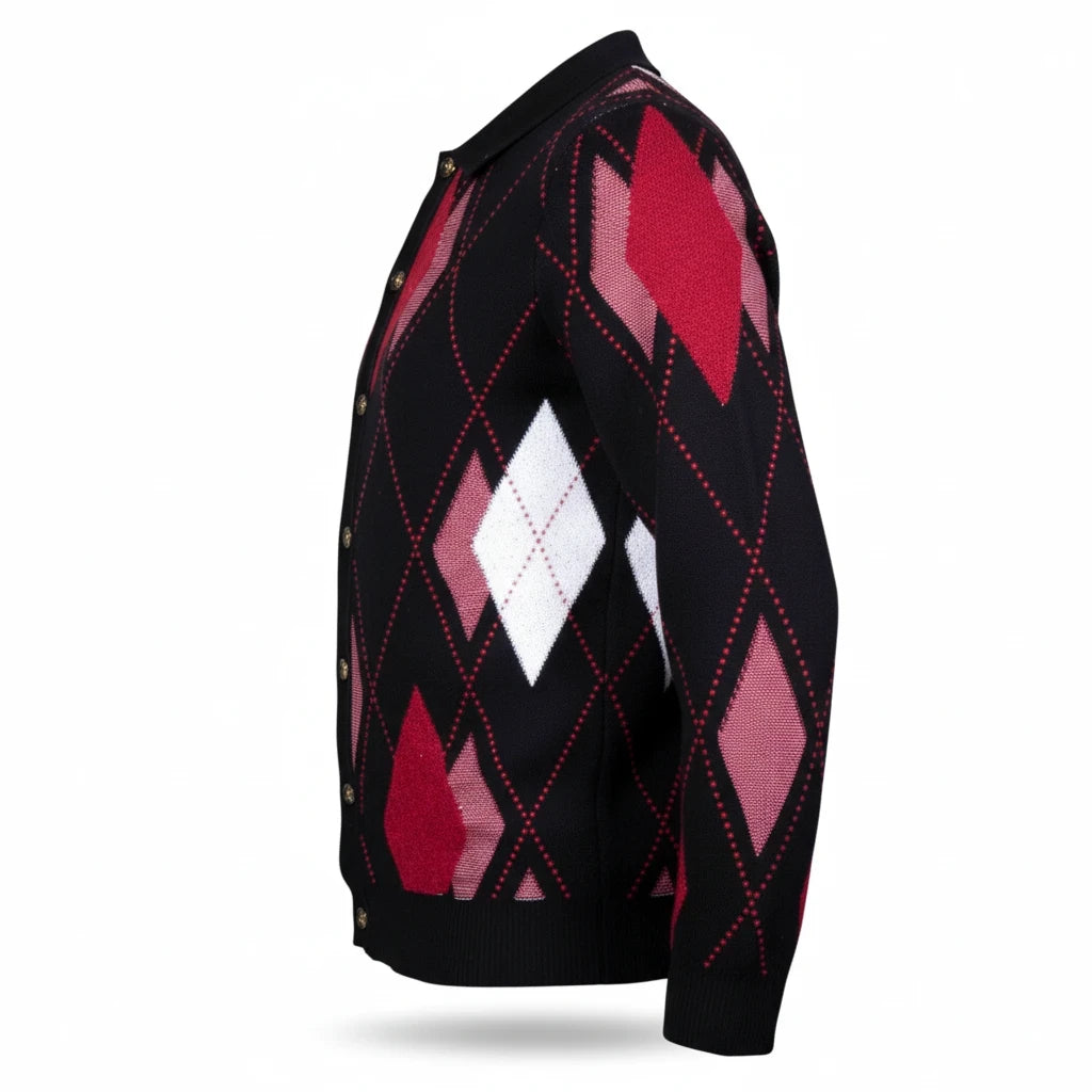 suit-yourself-menswear black argyle cardigan sweater with red and white diamond pattern and button-up front