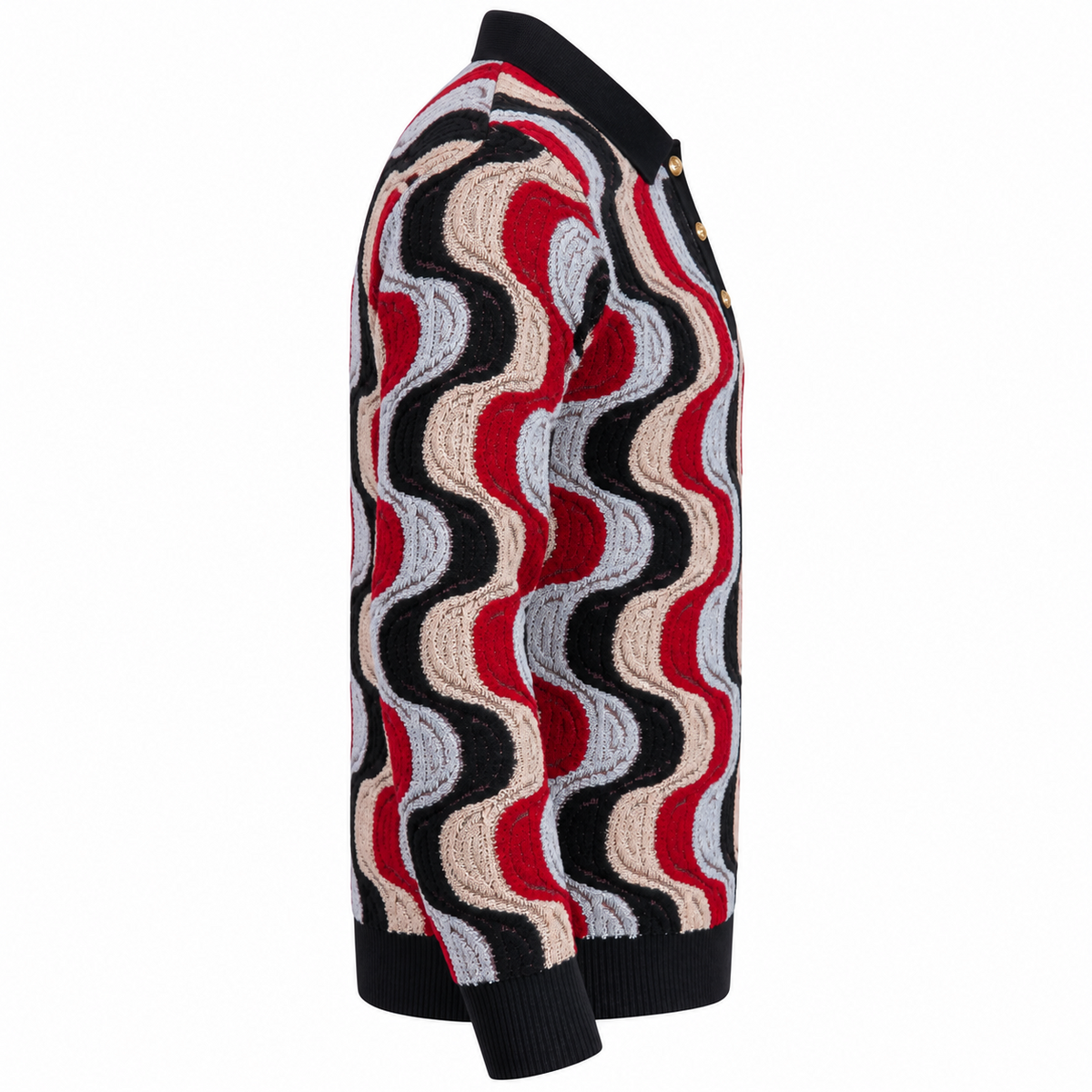 suit-yourself-menswear Prestige Original sweater with a black, burgundy, and beige wavy swirl pattern, side view