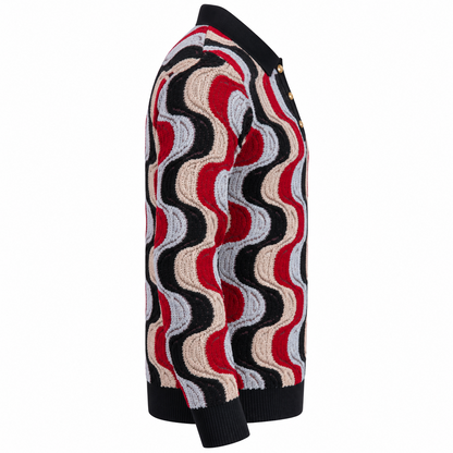 suit-yourself-menswear Prestige Original sweater with a black, burgundy, and beige wavy swirl pattern, side view