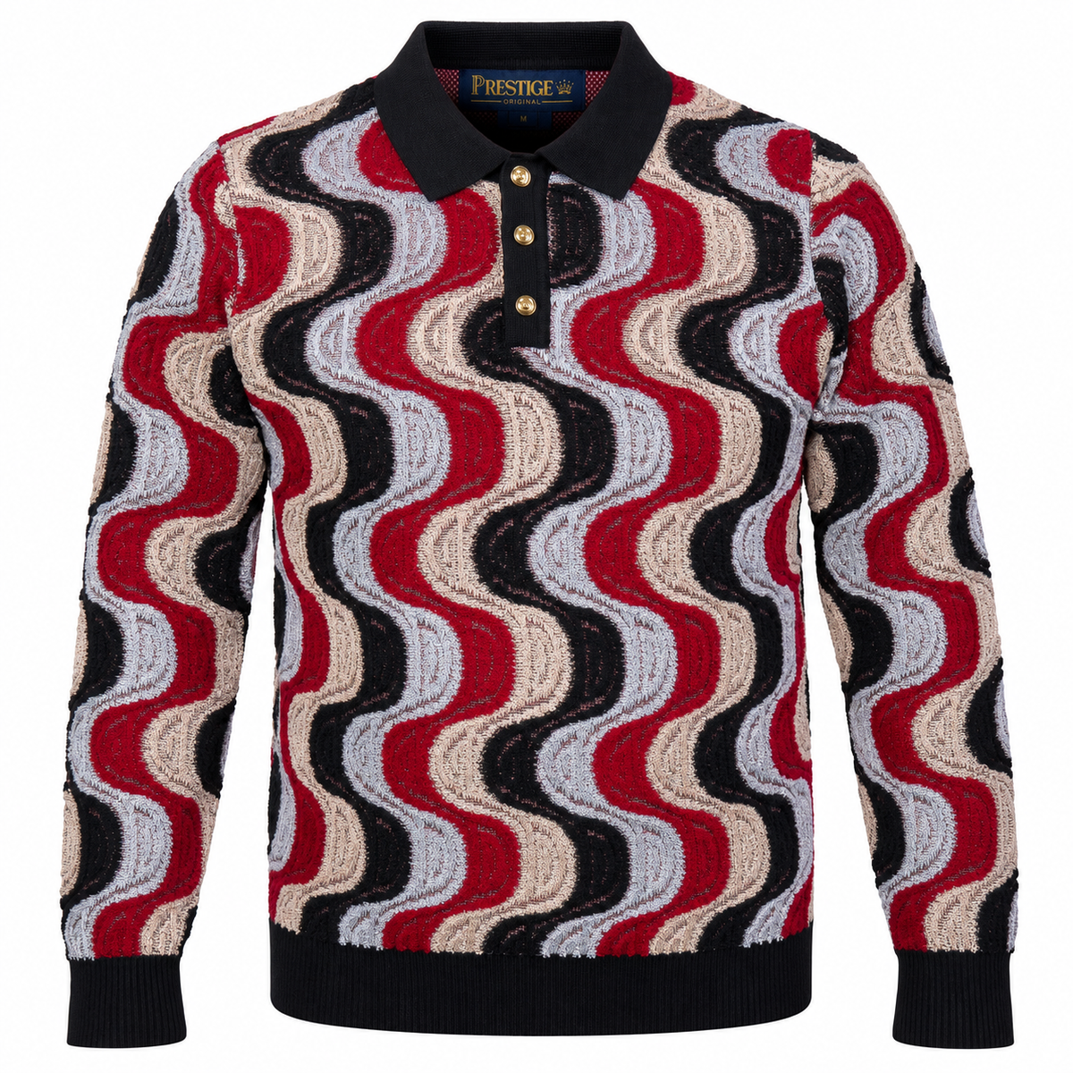 suit-yourself-menswear Prestige Original long-sleeve polo sweater with a black, burgundy, and beige wavy swirl pattern.