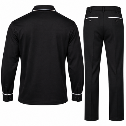 suit-yourself-menswear black two-piece casual set with long-sleeve shirt and trousers featuring white contrast piping