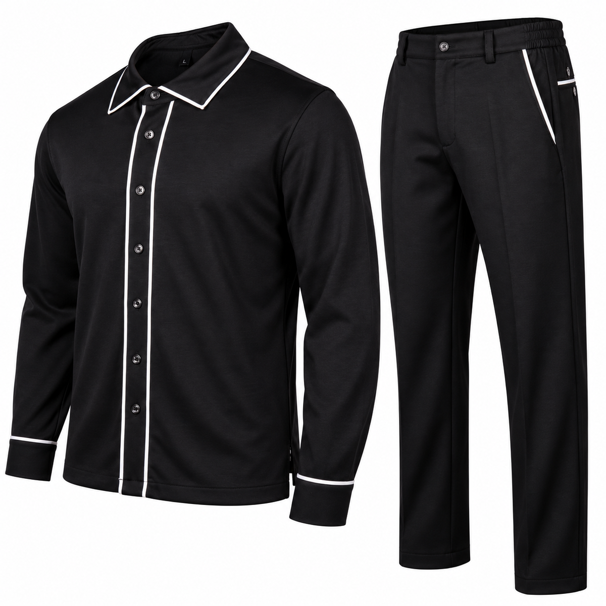 suit-yourself-menswear black two-piece casual set with white contrast piping on the long-sleeve shirt and trousers