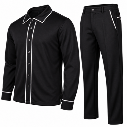 suit-yourself-menswear black two-piece casual set with white contrast piping on the long-sleeve shirt and trousers