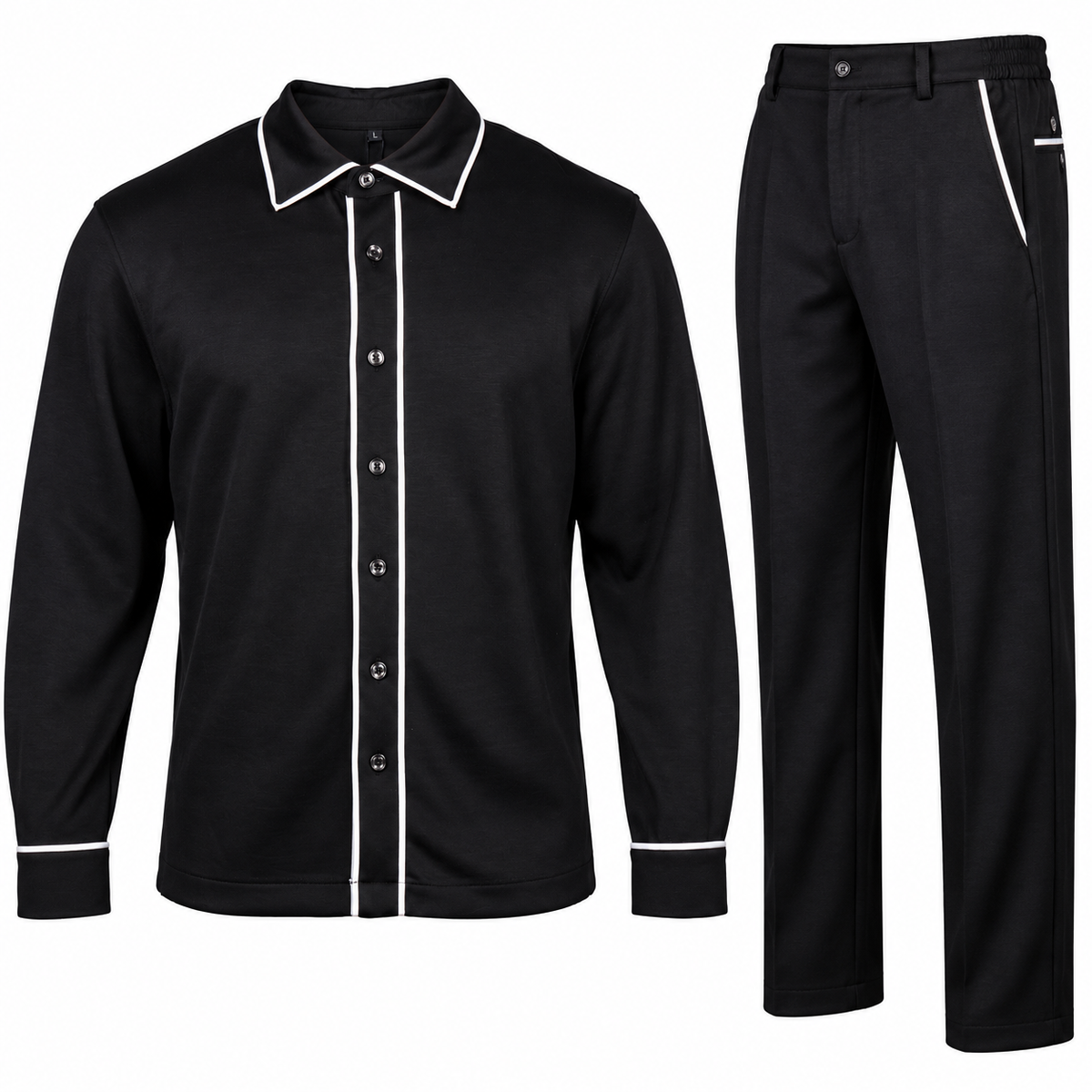 suit-yourself-menswear black two-piece casual set with long-sleeve button-front shirt and trousers featuring white piping