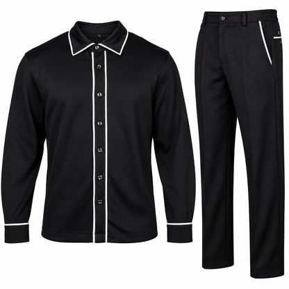 suit-yourself-menswear black two-piece casual set with long-sleeve button-front shirt and trousers featuring white piping