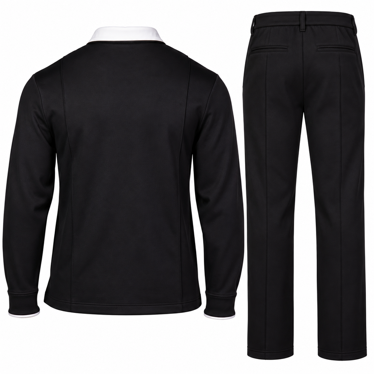 suit-yourself-menswear black two-piece casual set with white contrast collar and matching trousers, back view