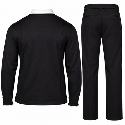 suit-yourself-menswear black two-piece casual set with white contrast collar and matching trousers, back view