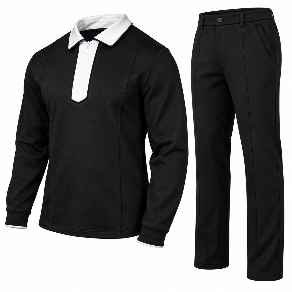 suit-yourself-menswear black two-piece casual set with a white contrast quarter-zip collar and matching trousers