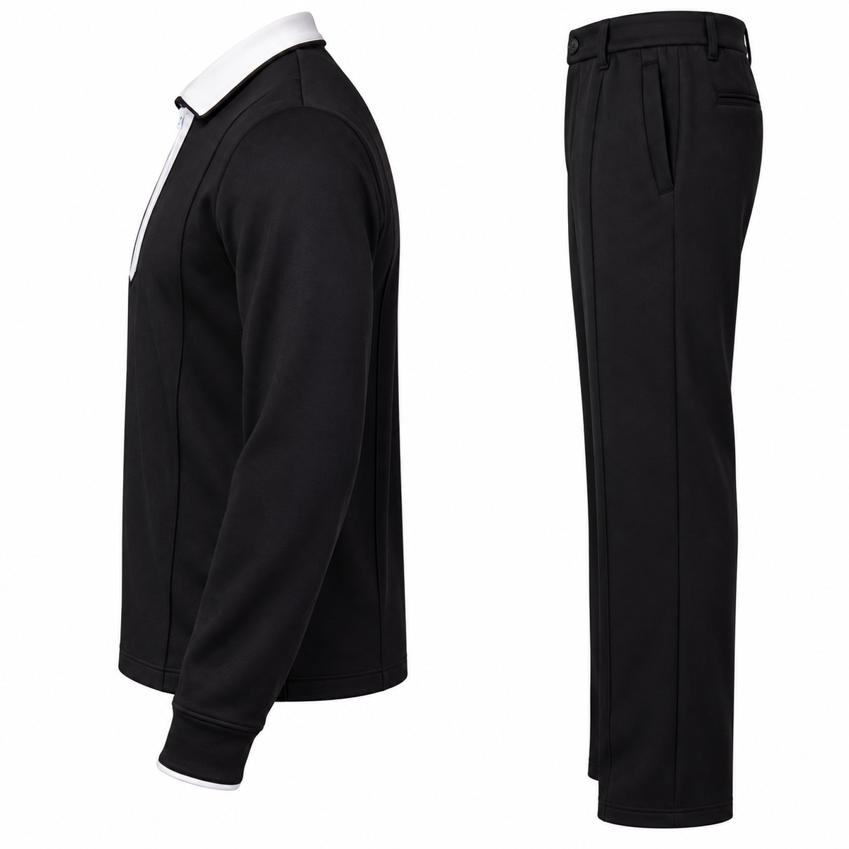 suit-yourself-menswear black two-piece casual set with white contrast quarter zip collar and matching trousers