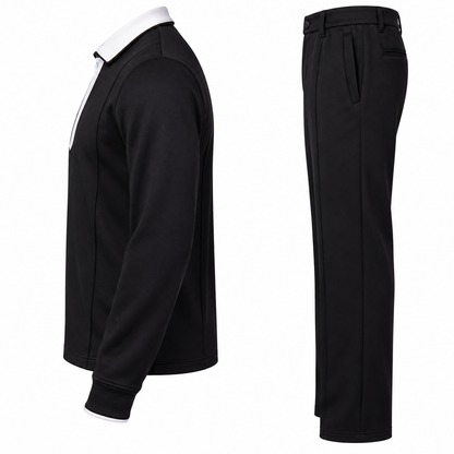 suit-yourself-menswear black two-piece casual set with white contrast quarter zip collar and matching trousers