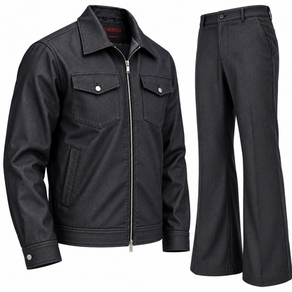 suit-yourself-menswear black denim two-piece set with a zip-front jacket and matching flare leg trousers