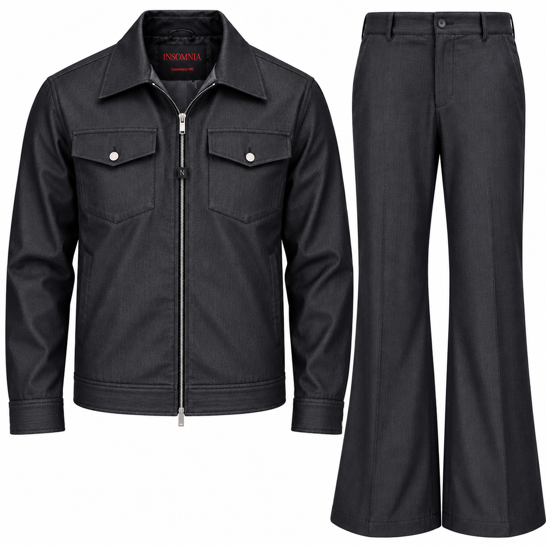 suit-yourself-menswear black denim two-piece set with a zip-front jacket and matching flare leg trousers