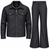 suit-yourself-menswear black denim two-piece set with a zip-front jacket and matching flare leg trousers