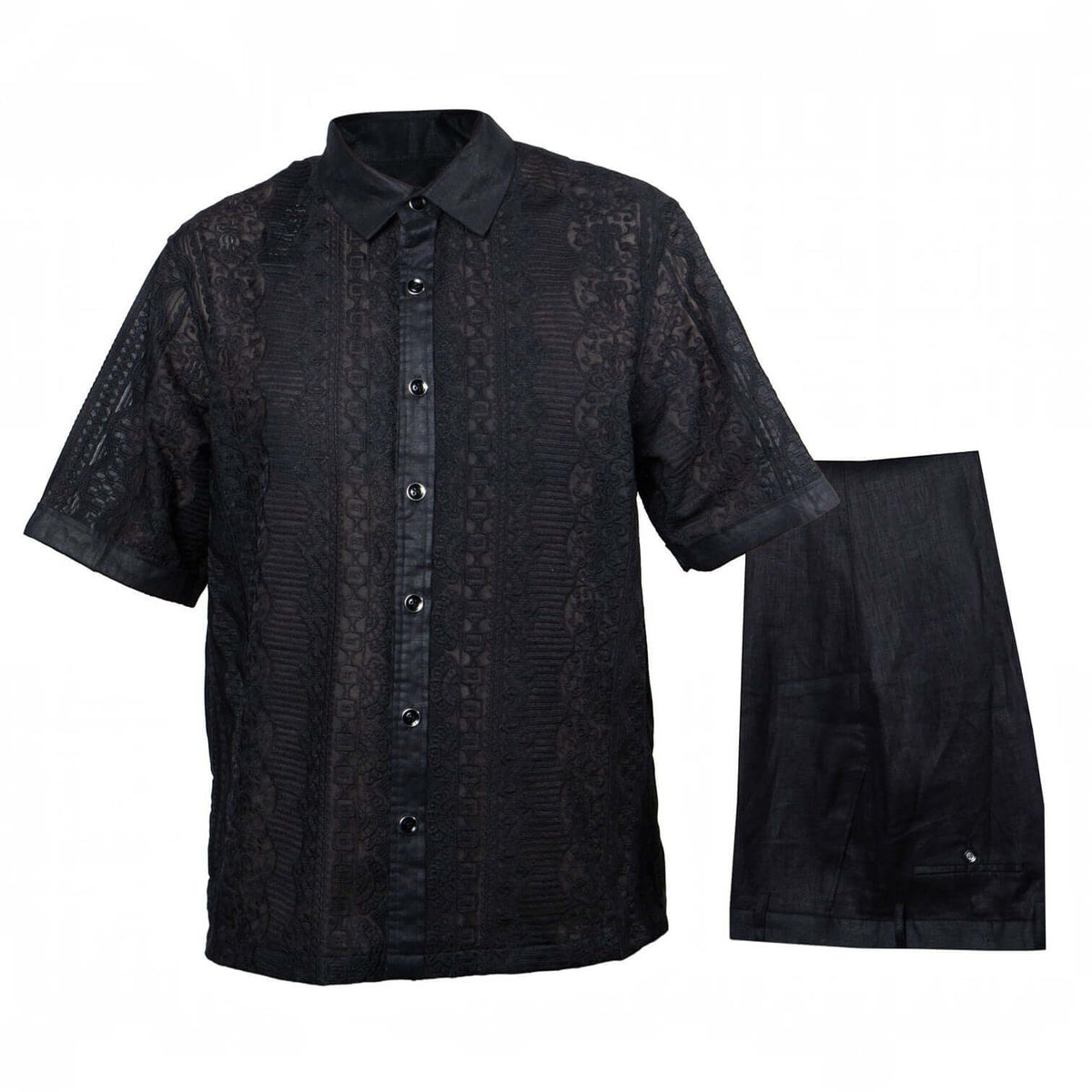 suit-yourself-menswear black linen two-piece casual set with intricate lace detailing and short sleeves