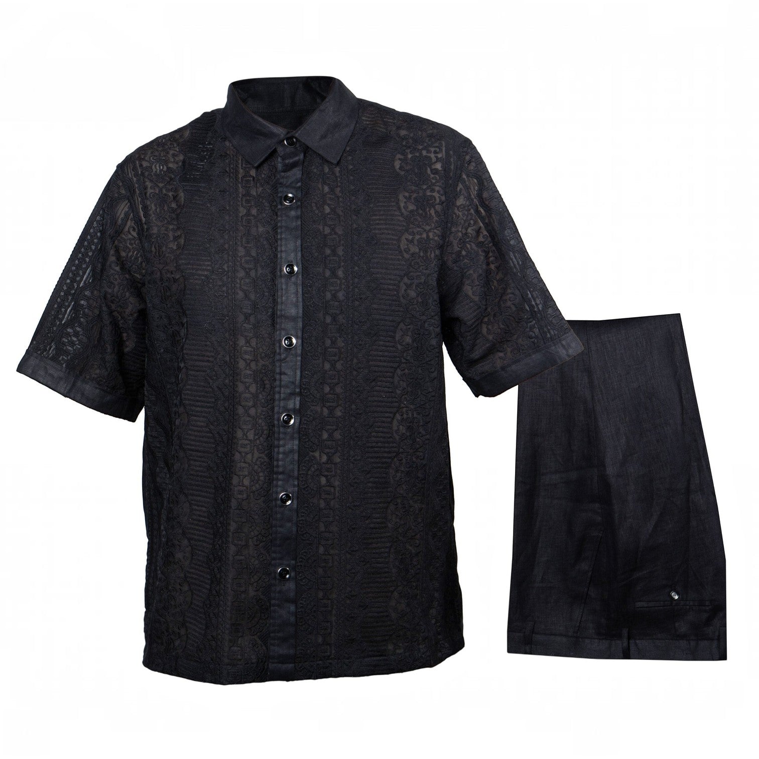 suit-yourself-menswear black linen two-piece casual set with intricate lace detailing and short sleeves