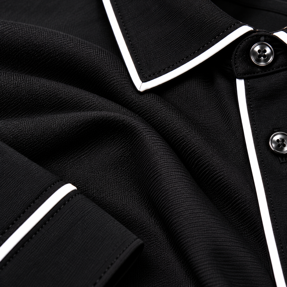 suit-yourself-menswear black long-sleeve casual shirt with white contrast piping and button-front detail