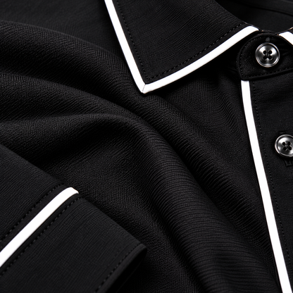 suit-yourself-menswear black long-sleeve casual shirt with white contrast piping and button-front detail
