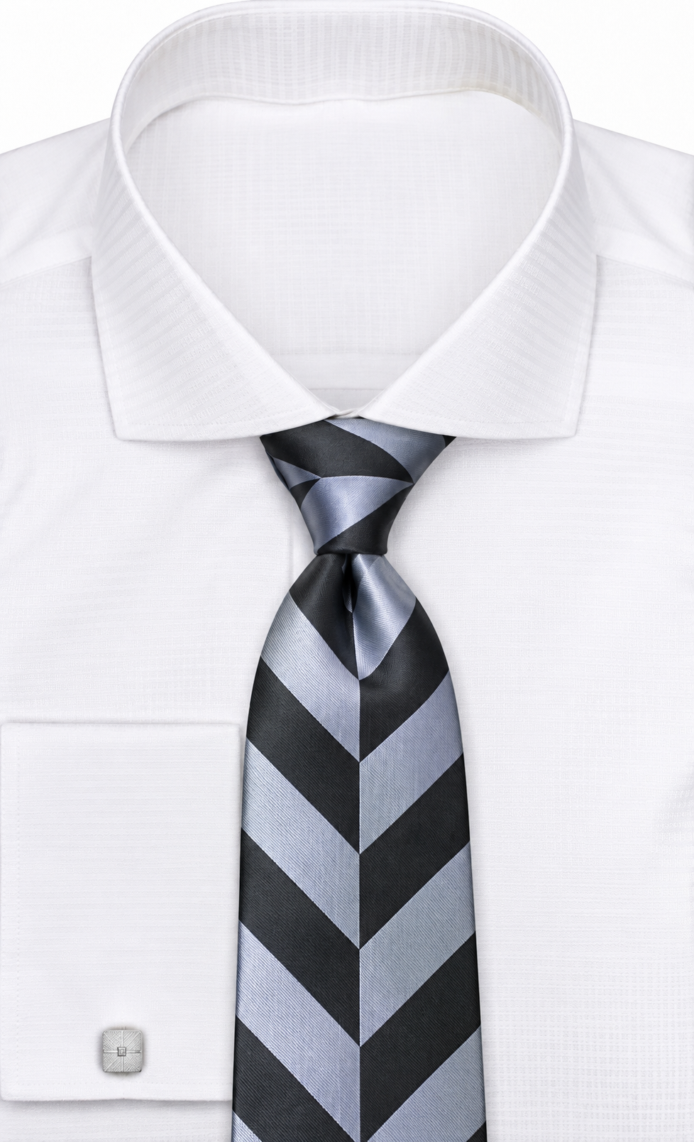 suit-yourself-menswear black and silver chevron necktie tied on a crisp white dress shirt with silver cufflinks
