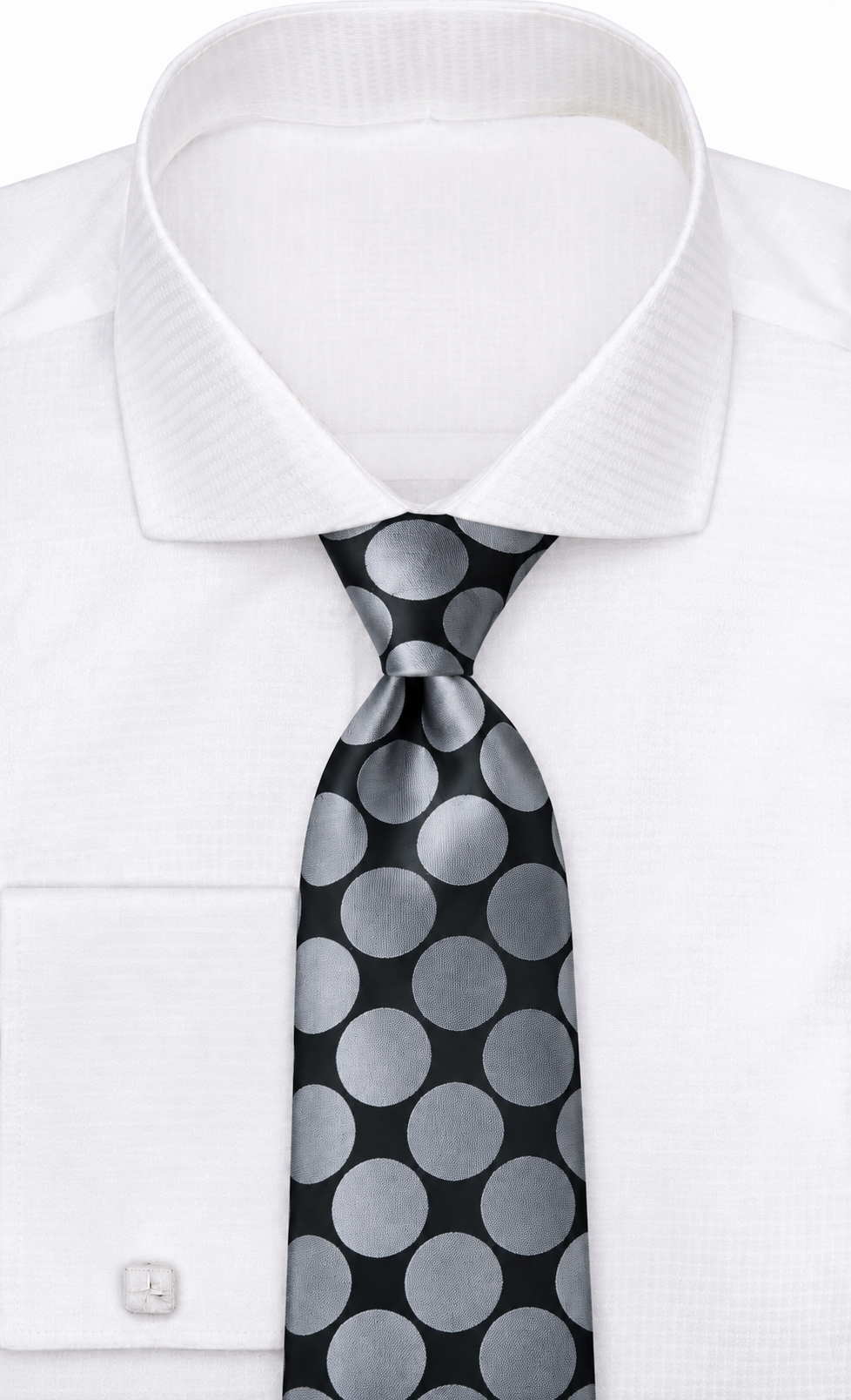 suit-yourself-menswear black necktie with large silver polka dots worn with a crisp white dress shirt