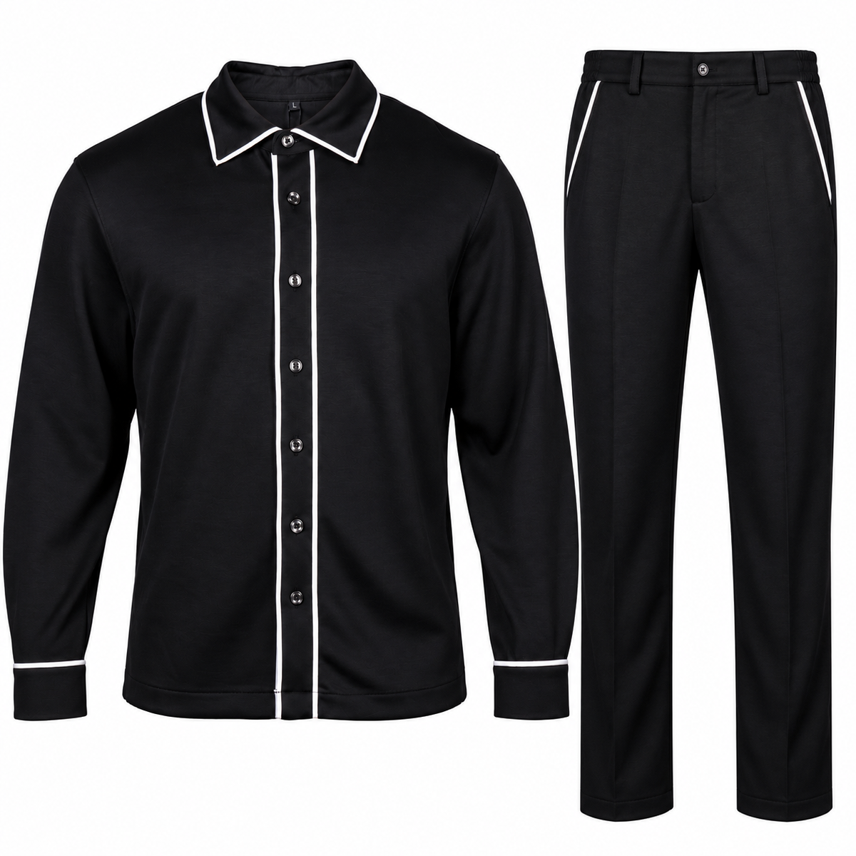 Suit Yourself Menswear black two-piece casual set with long-sleeve button-front shirt and trousers, featuring white piping