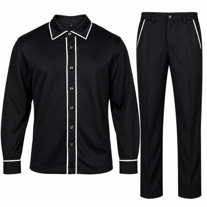 Suit Yourself Menswear black two-piece casual set with long-sleeve button-front shirt and trousers, featuring white piping