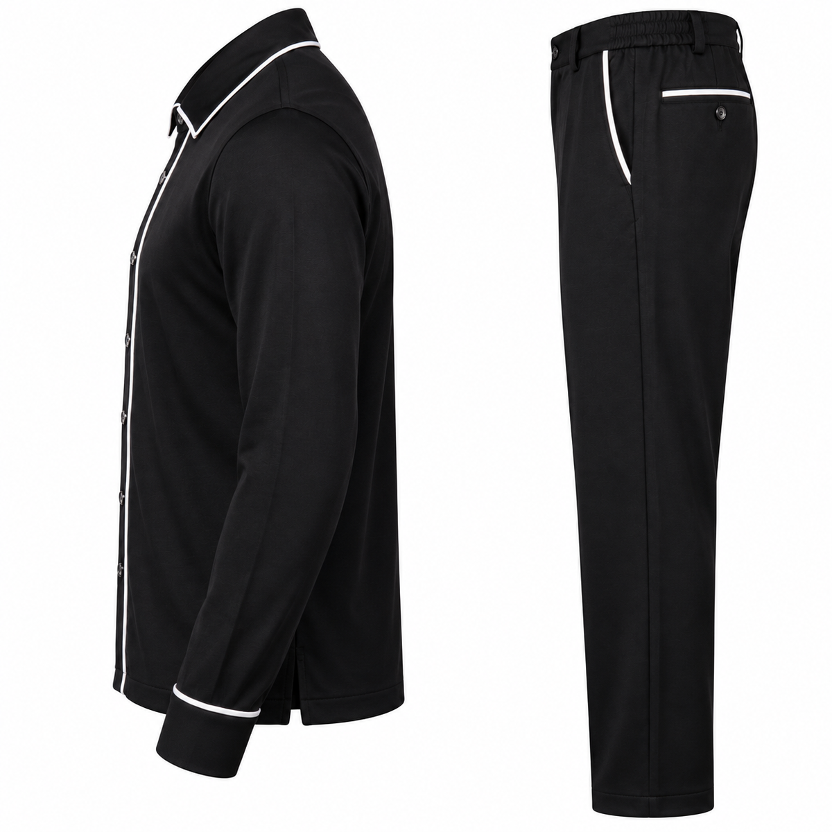suit-yourself-menswear black two-piece casual set with white contrast piping on the shirt and matching trousers