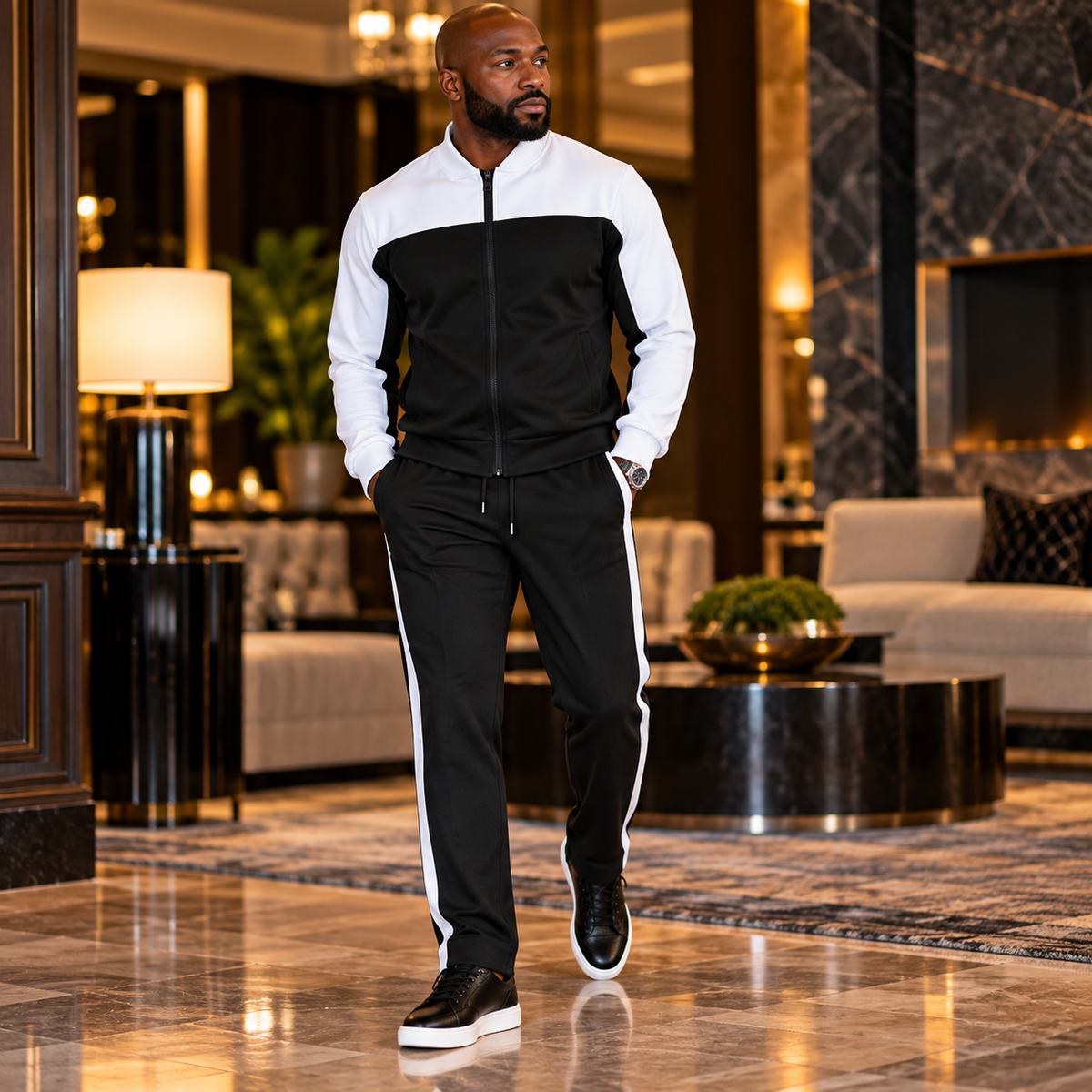 A man wearing a suit-yourself-menswear black and white two-piece casual set with a zip-up jacket and striped pants.