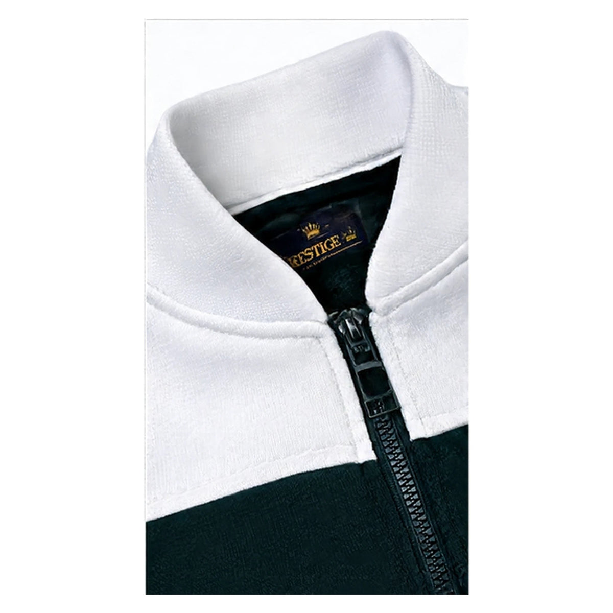 suit-yourself-menswear black and white two-toned jacket with a textured collar and front zipper closure